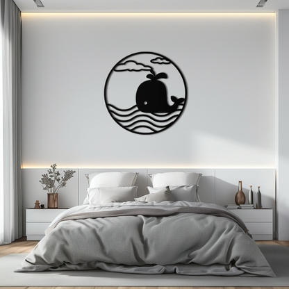 Cute Whale Ocean Scene Metal Wall Art – Playful Circular Black Steel Decor for Kids Rooms, Nurseries, and Coastal Interiors- KAF443 - Tampa Home & Garden Store