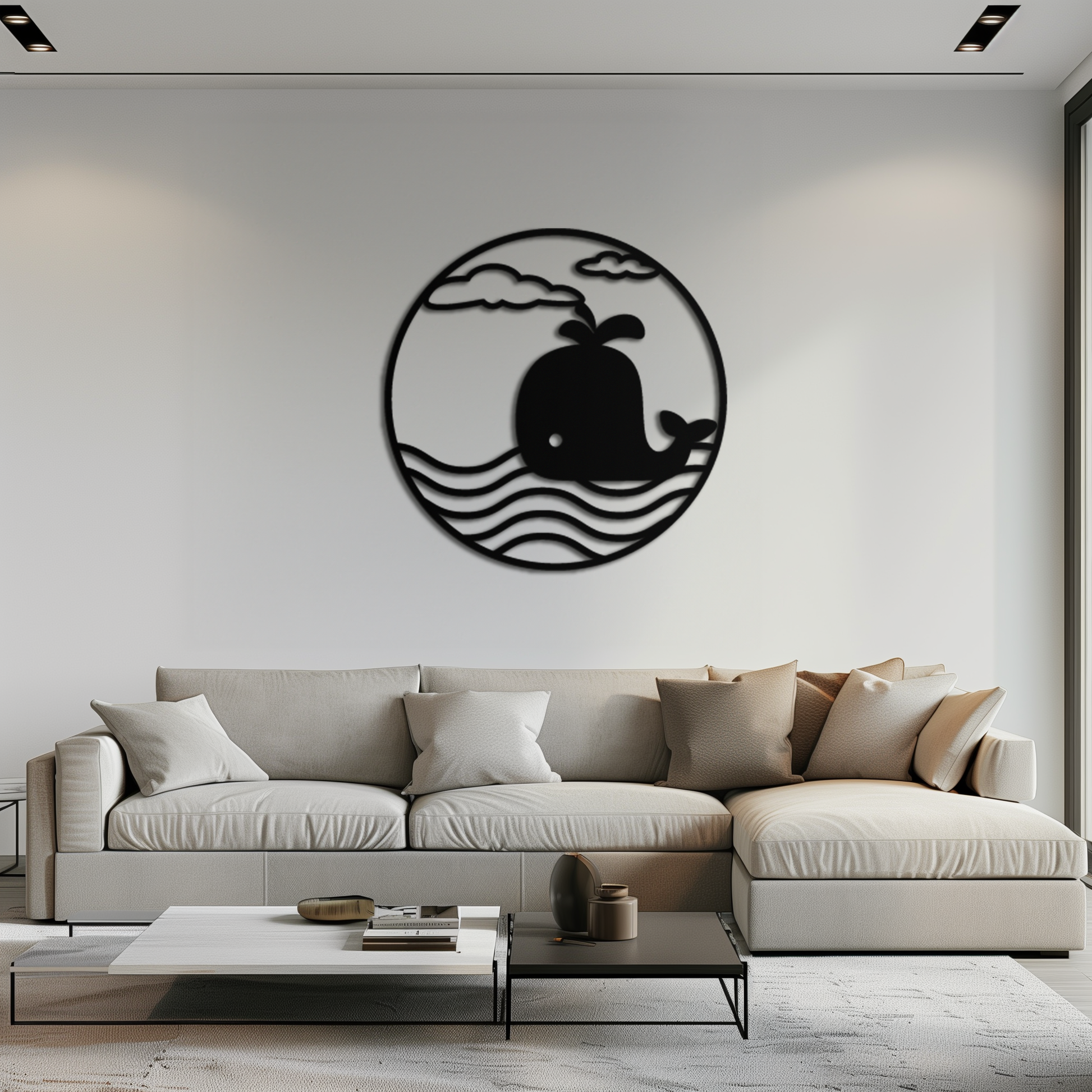 Cute Whale Ocean Scene Metal Wall Art – Playful Circular Black Steel Decor for Kids Rooms, Nurseries, and Coastal Interiors- KAF443 - Tampa Home & Garden Store