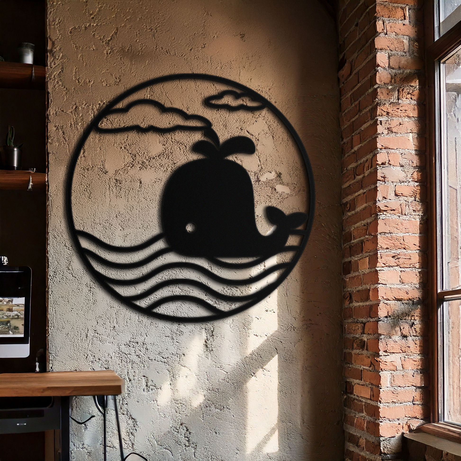 Cute Whale Ocean Scene Metal Wall Art – Playful Circular Black Steel Decor for Kids Rooms, Nurseries, and Coastal Interiors- KAF443 - Tampa Home & Garden Store