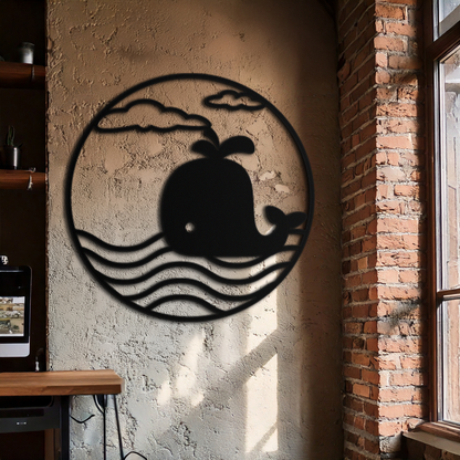Cute Whale Ocean Scene Metal Wall Art – Playful Circular Black Steel Decor for Kids Rooms, Nurseries, and Coastal Interiors- KAF443 - Tampa Home & Garden Store