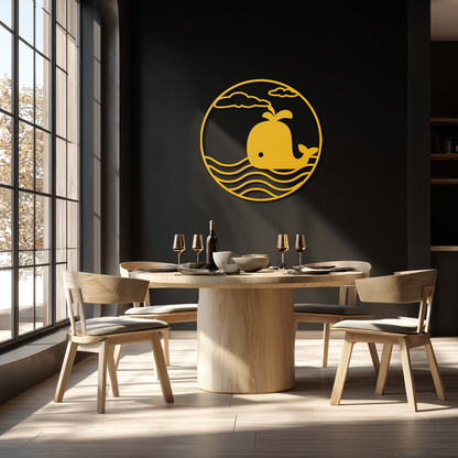 Cute Whale Ocean Scene Metal Wall Art – Playful Circular Black Steel Decor for Kids Rooms, Nurseries, and Coastal Interiors- KAF443 - Tampa Home & Garden Store