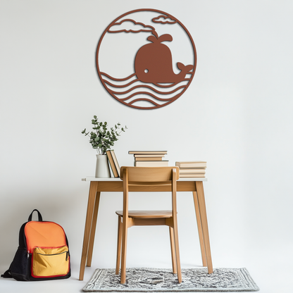 Cute Whale Ocean Scene Metal Wall Art – Playful Circular Black Steel Decor for Kids Rooms, Nurseries, and Coastal Interiors- KAF443 - Tampa Home & Garden Store