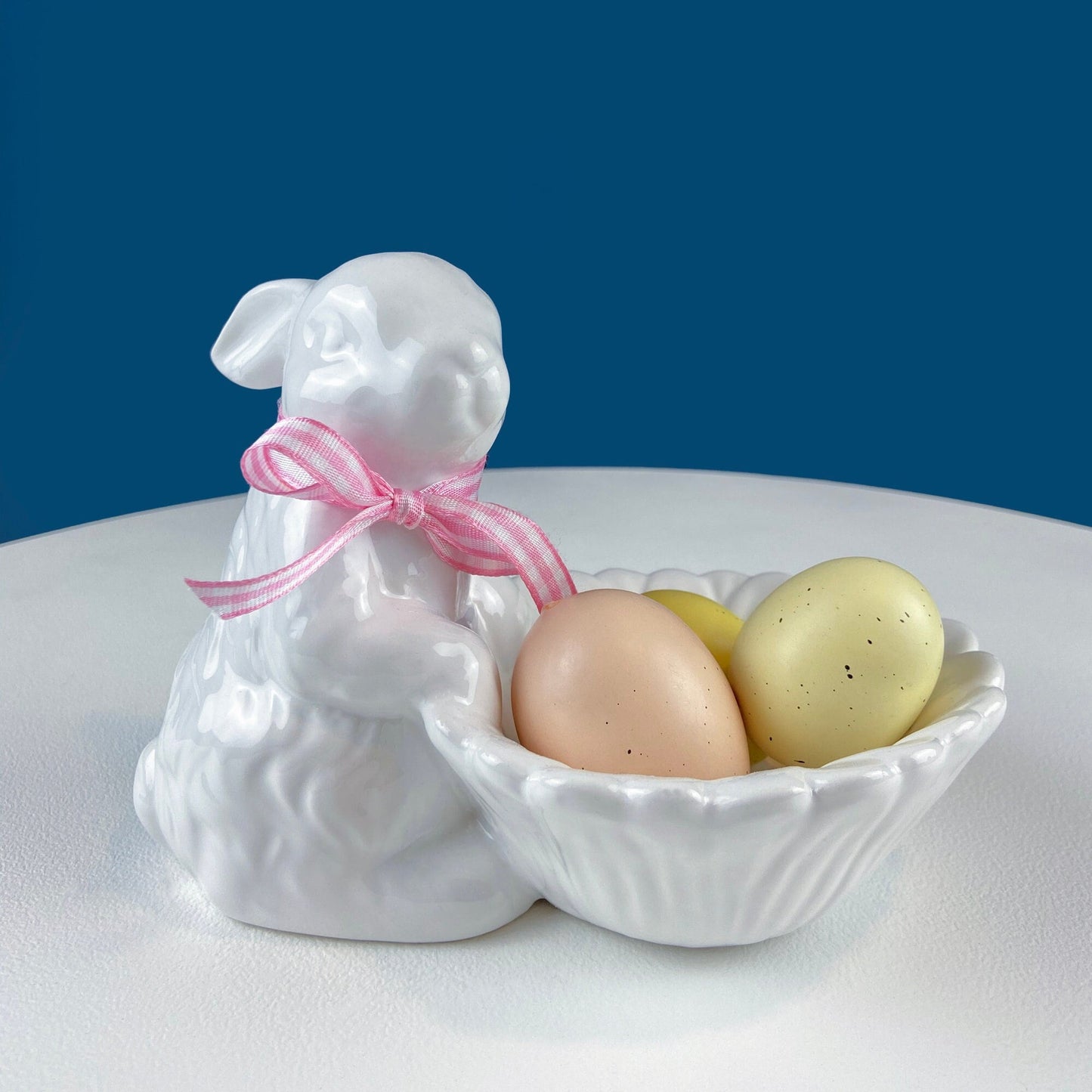 Cute White Ceramic Bunny with Sunflower Basket and Pink Bow. Small Rabbit Planter or Candy Dish. Easter Spring Decor. Table Display. - Tampa Home & Garden Store