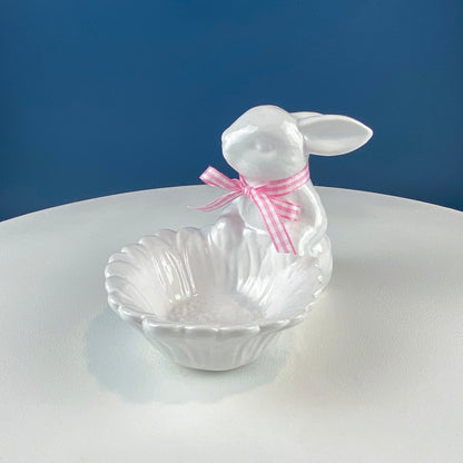 Cute White Ceramic Bunny with Sunflower Basket and Pink Bow. Small Rabbit Planter or Candy Dish. Easter Spring Decor. Table Display. - Tampa Home & Garden Store