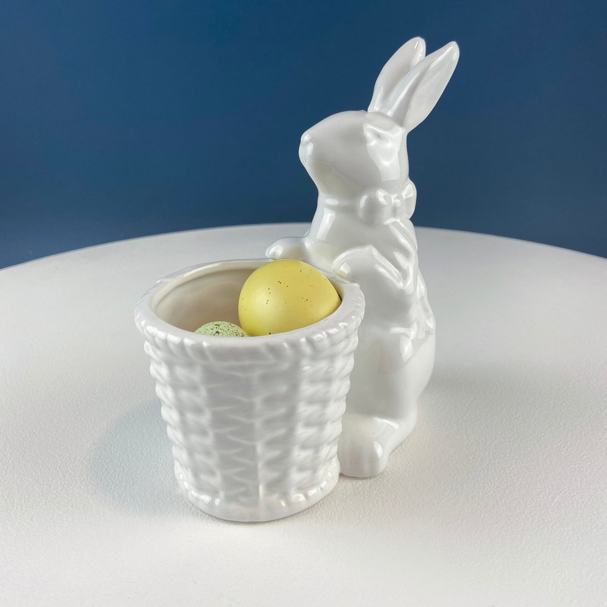 Cute White Ceramic Bunny with Sunflower Basket and Pink Bow. Small Rabbit Planter or Candy Dish. Easter Spring Decor. Table Display. - Tampa Home & Garden Store