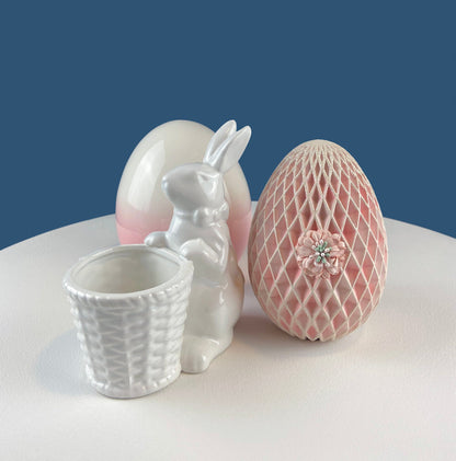 Cute White Ceramic Bunny with Sunflower Basket and Pink Bow. Small Rabbit Planter or Candy Dish. Easter Spring Decor. Table Display. - Tampa Home & Garden Store