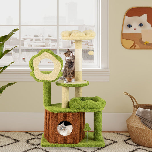 Cute Cat Tree for Adult Cats Multi-level Kitty Tower with Trunk Condo-Green - Tampa Home & Garden Store