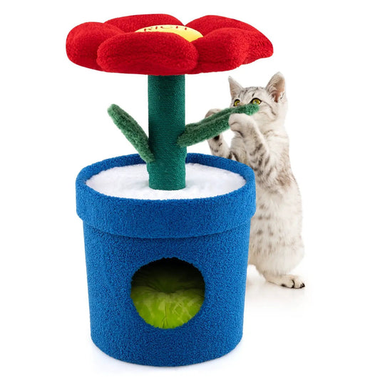 Cute cat tree with flower padded perch in blue base and red top by DirectDeals on Tampa Home & Garden Store