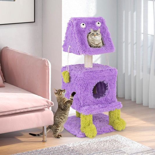 Cute Monster-Themed Cat Tower with 2 Private Condos for Small Place-Purple - Tampa Home & Garden Store