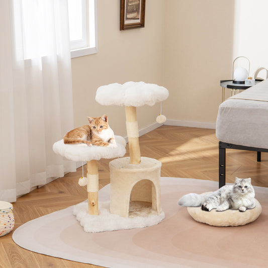 Cute Solid Wood Cat Tree Natural Branch Modern Flower Cat Tower with Sisal Scratching Posts-Beige - Tampa Home & Garden Store