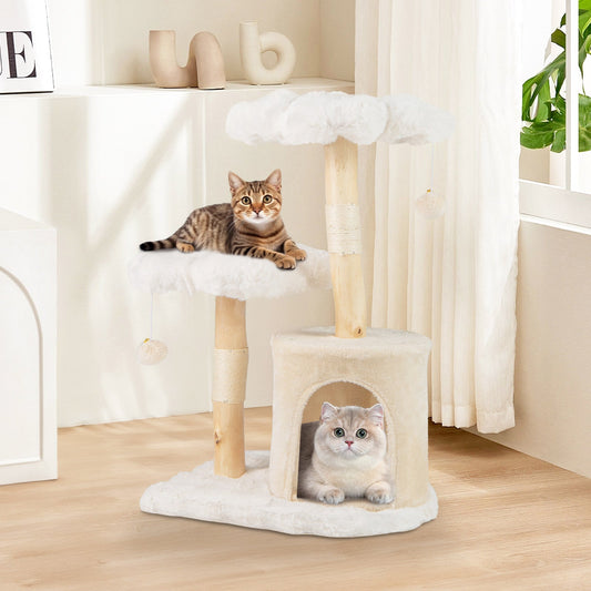 Cute Solid Wood Cat Tree Natural Branch Modern Flower Cat Tower with Sisal Scratching Posts-Beige - Tampa Home & Garden Store