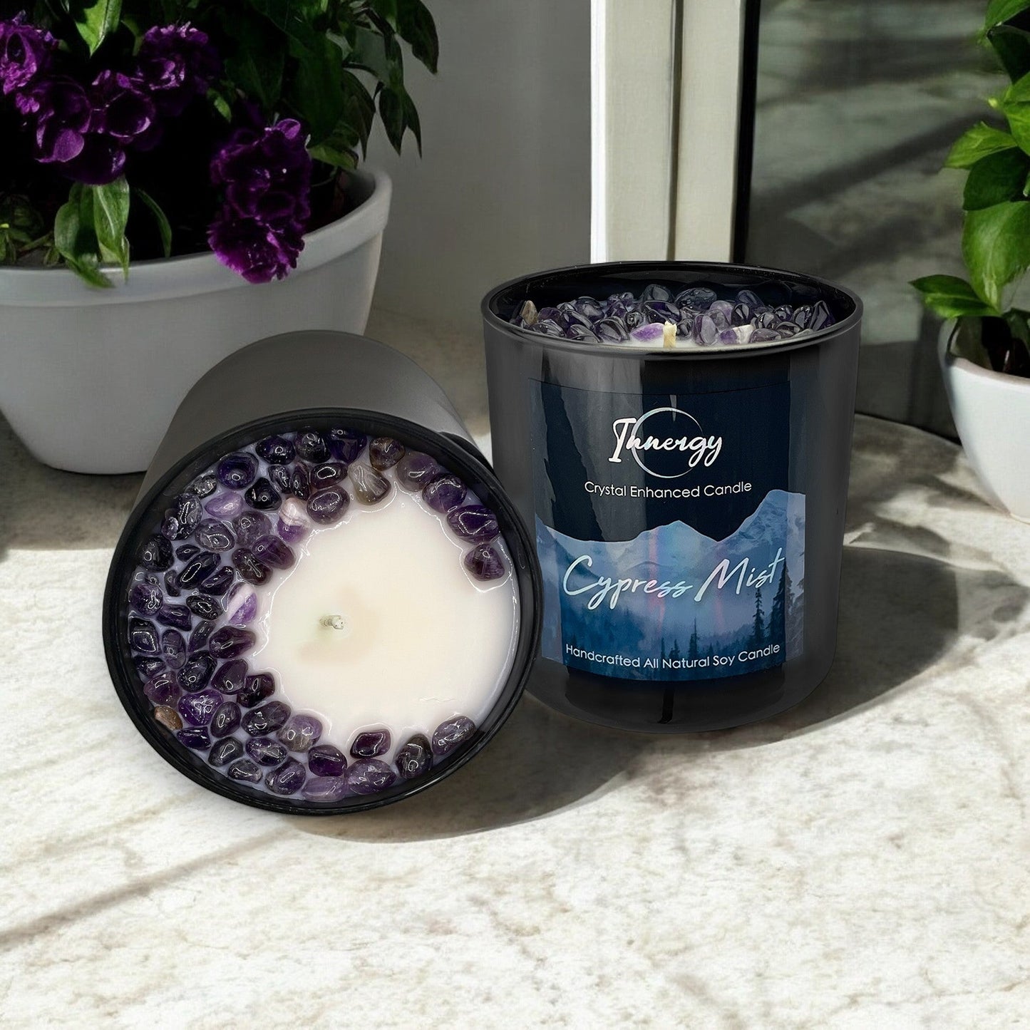 Cypress Mist Crystal Candle with Amethyst | Coconut-Soy Wax Candle, 9oz - Tampa Home & Garden Store