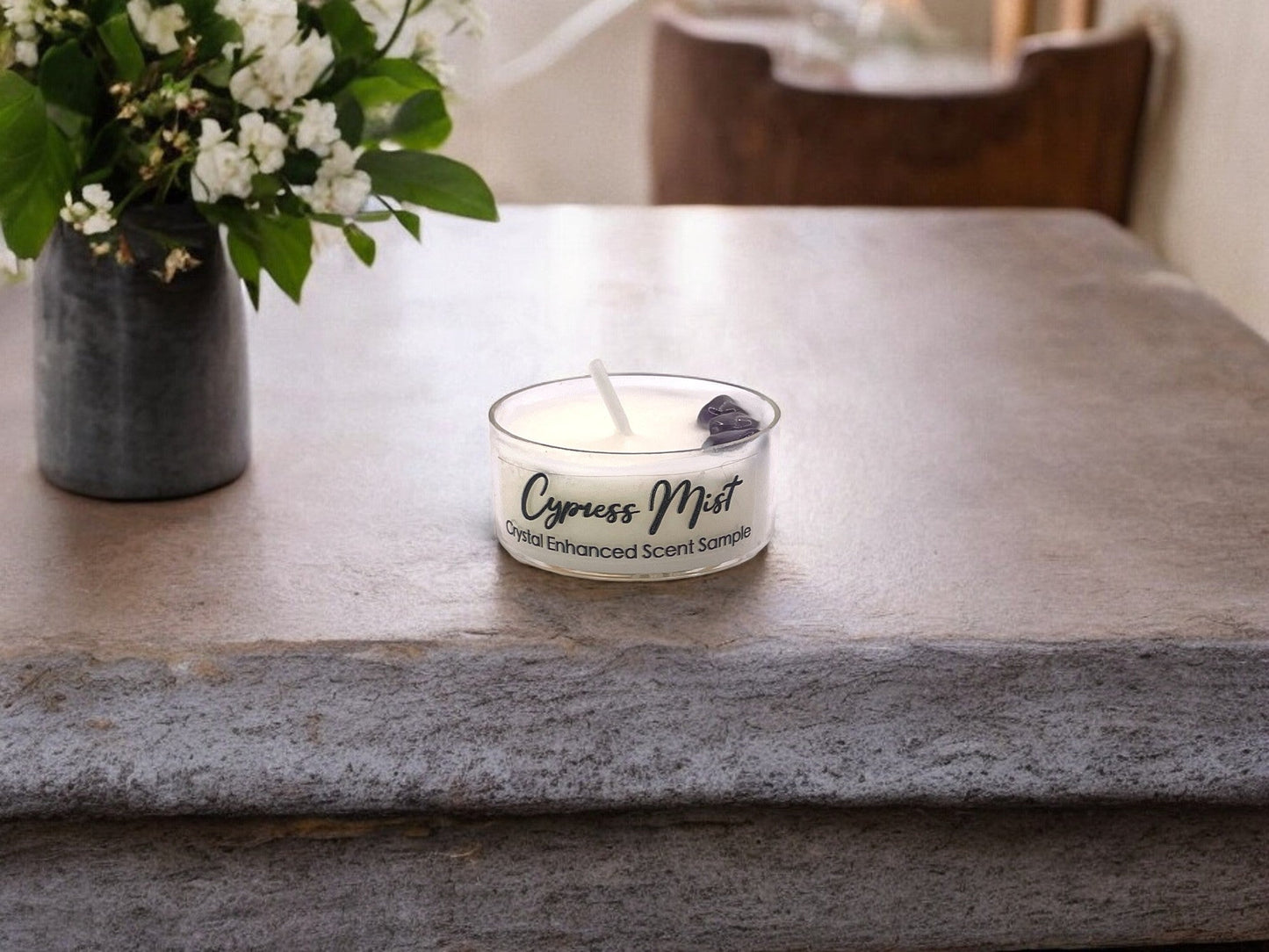 Cypress Mist, Premium Coconut-Soy Wax Tea Light Crystal Candle, 1oz - Tampa Home & Garden Store