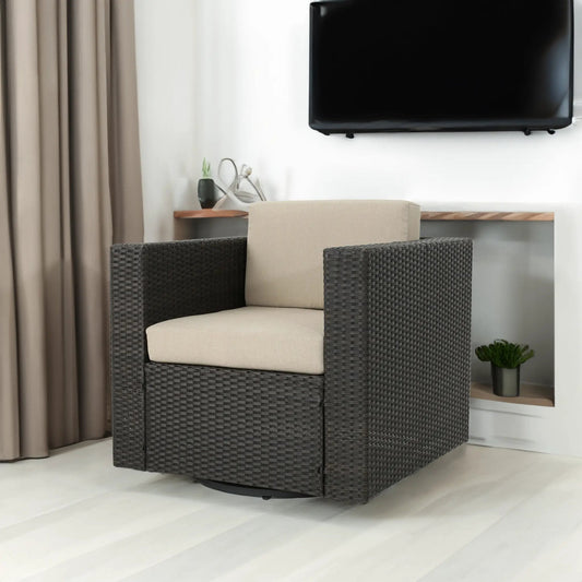 Two Puerta MP1 swivel chairs in dark brown wicker with beige cushions, indoor seating on Tampa Home & Garden Store