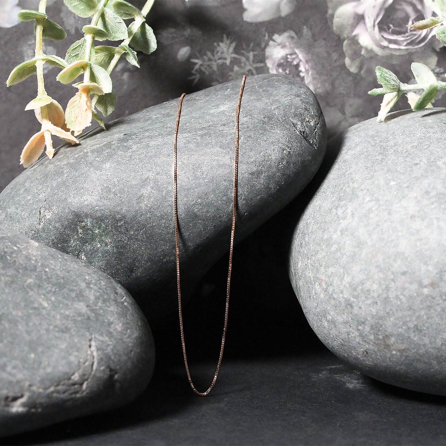 14k Rose Gold Classic Box Chain Necklace 0.45mm, delicate box chain on smooth stones on Tampa Home & Garden Store