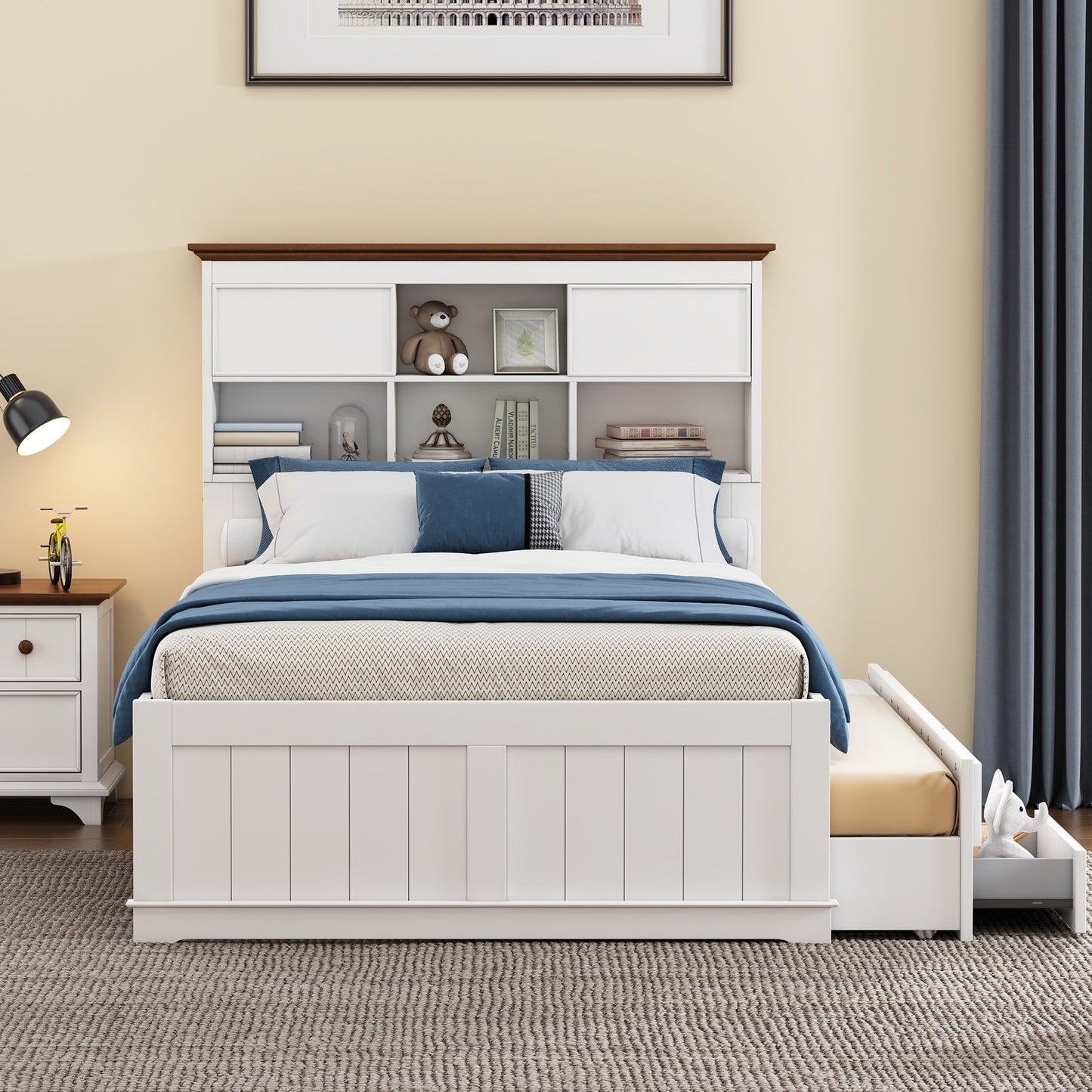 Solid Pine Captain Bookcase Bed with Trundle Bed and 3 Spacious Under Bed Drawers in Casual,Full, White+Walnut - Tampa Home & Garden Store
