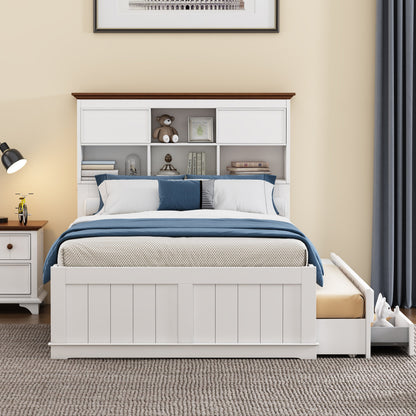 Solid Pine Captain Bookcase Bed with Trundle Bed and 3 Spacious Under Bed Drawers in Casual,Full, White+Walnut - Tampa Home & Garden Store