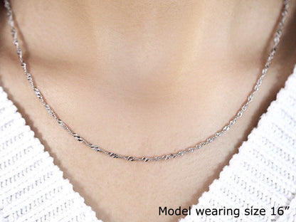 14k white gold Singapore chain necklace 1.7mm, close-up on model's neck on Tampa Home & Garden Store