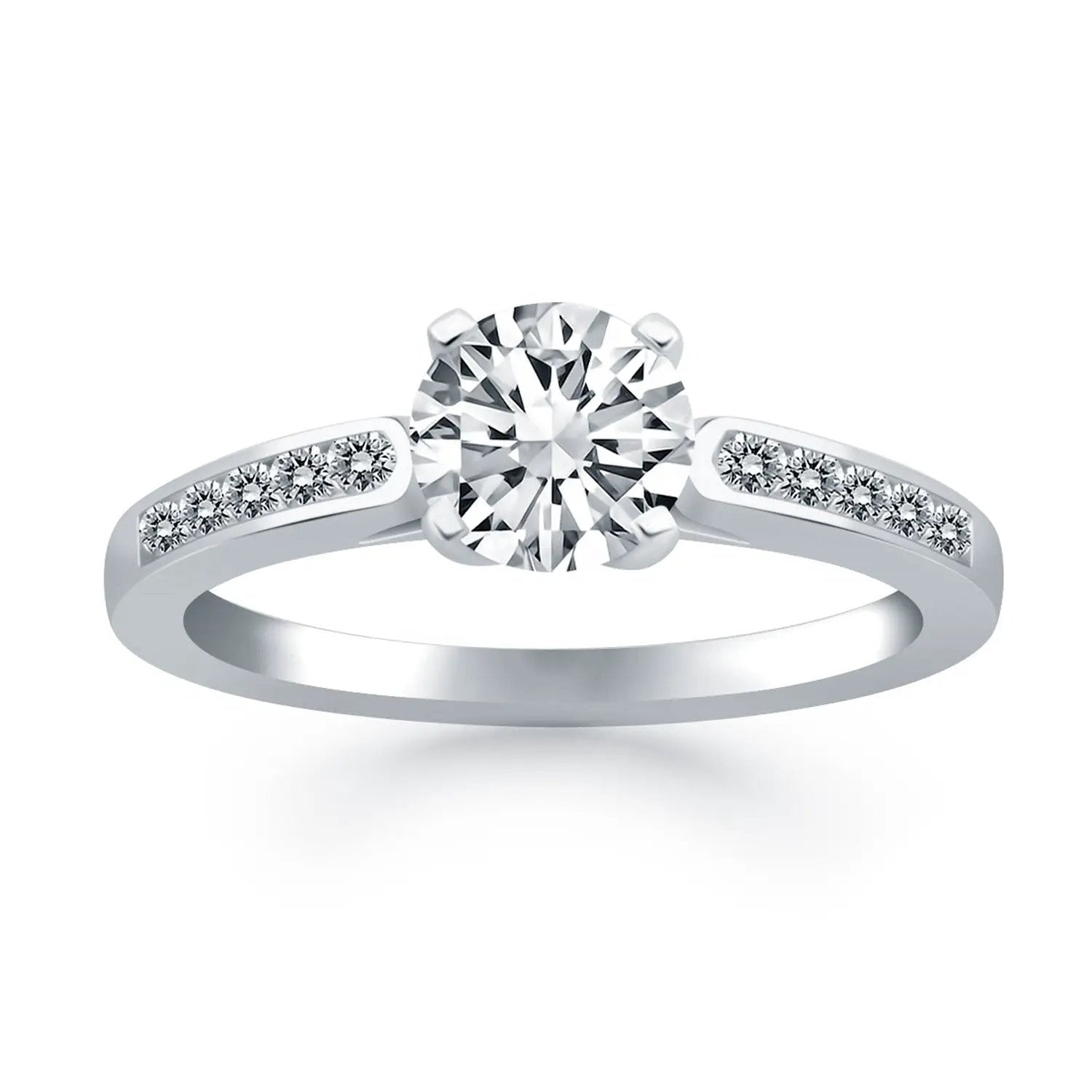 14k white gold diamond channel cathedral engagement ring with a center stone and pavé band on Tampa Home & Garden Store