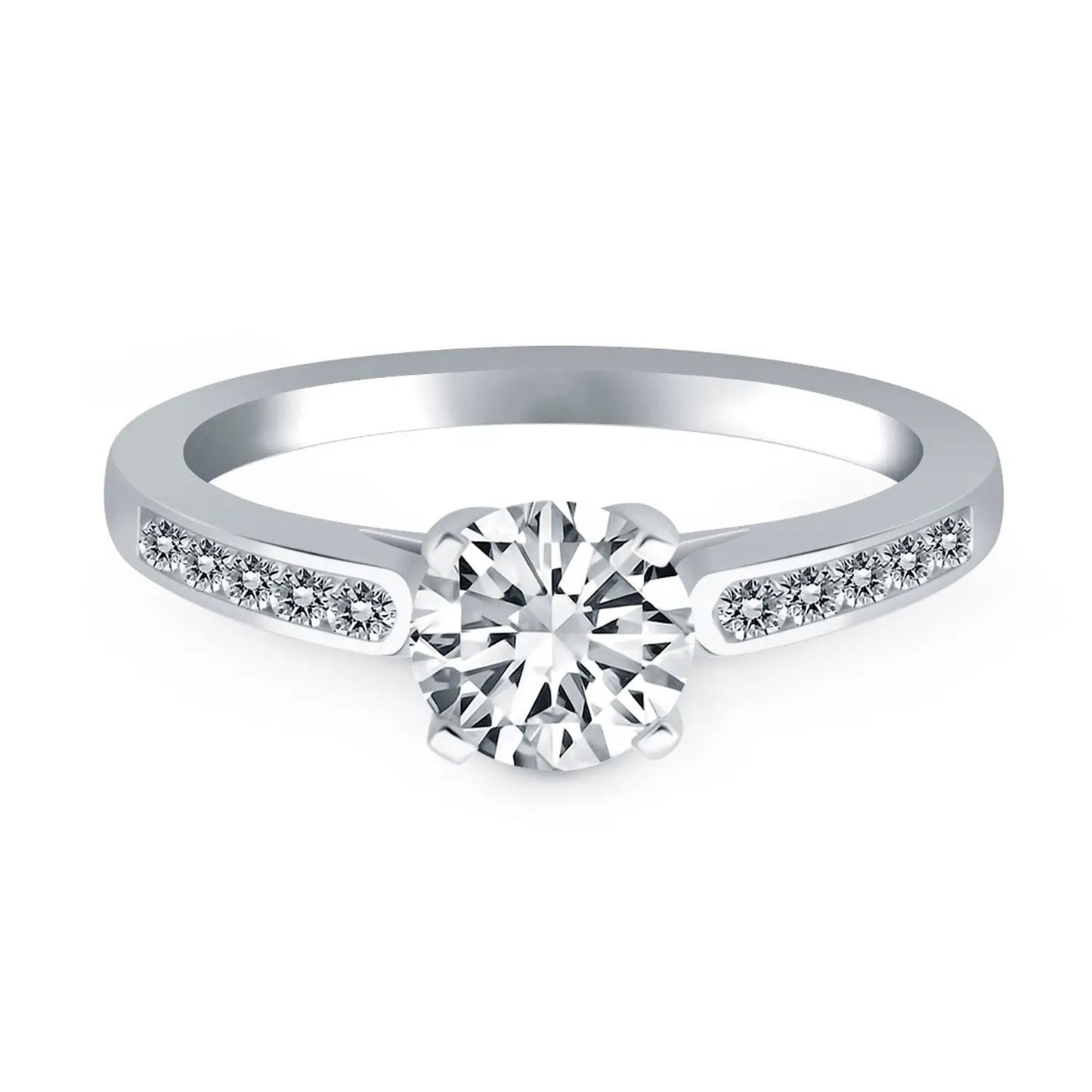 14k white gold channel cathedral engagement ring with a center diamond and side diamonds on Tampa Home & Garden Store