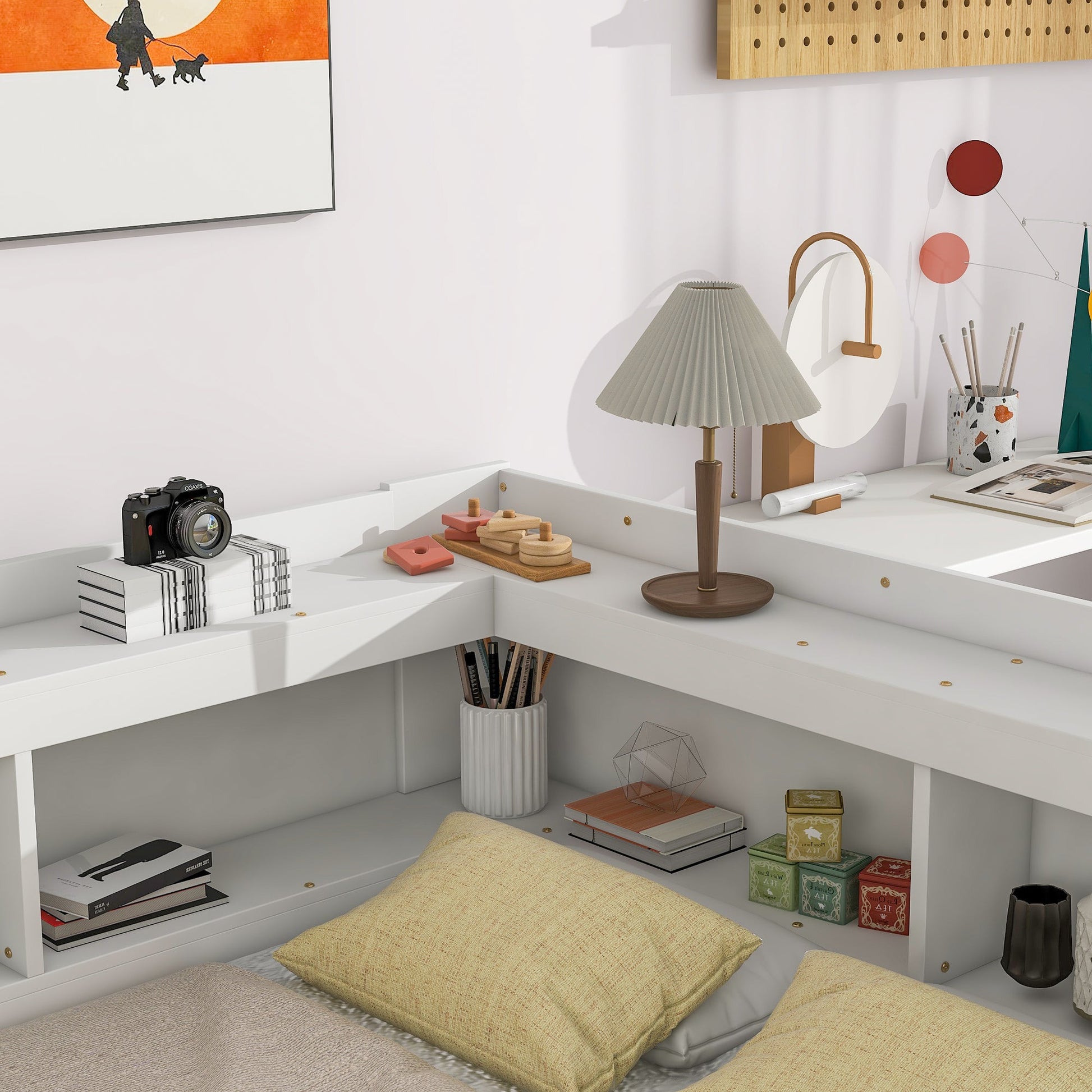 Full Bed with L-shaped Bookcases, Drawers ,White - Tampa Home & Garden Store