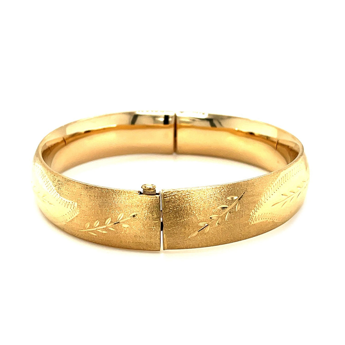Classic floral carved 14k yellow gold bangle bracelet, 13.5mm width on Tampa Home & Garden Store