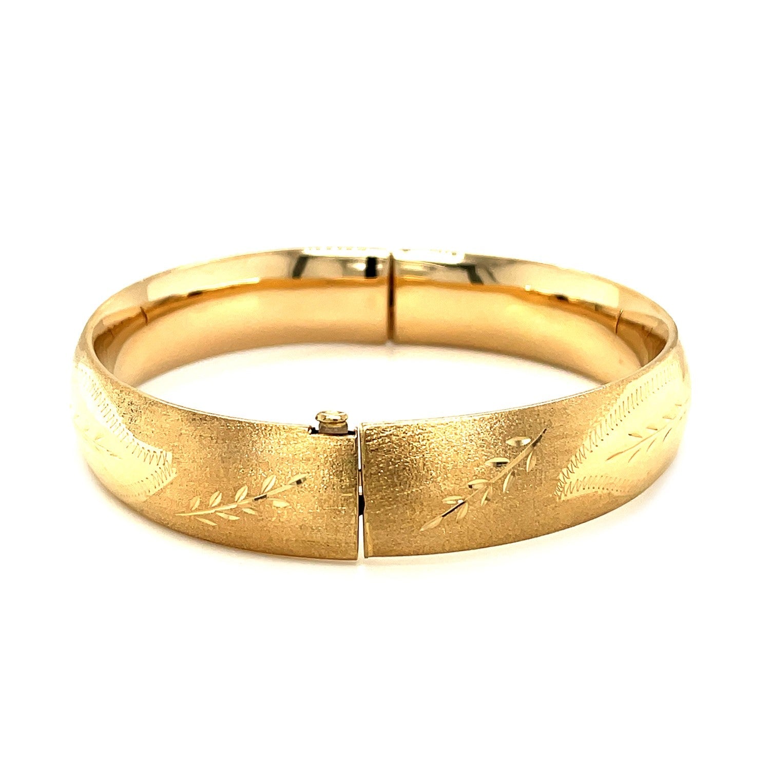 Classic floral carved 14k yellow gold bangle bracelet, 13.5mm width on Tampa Home & Garden Store