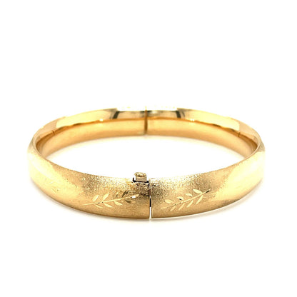 Classic Floral Carved Bangle in 14k yellow gold 10.0mm with leaf engravings, hinged bracelet on Tampa Home & Garden Store