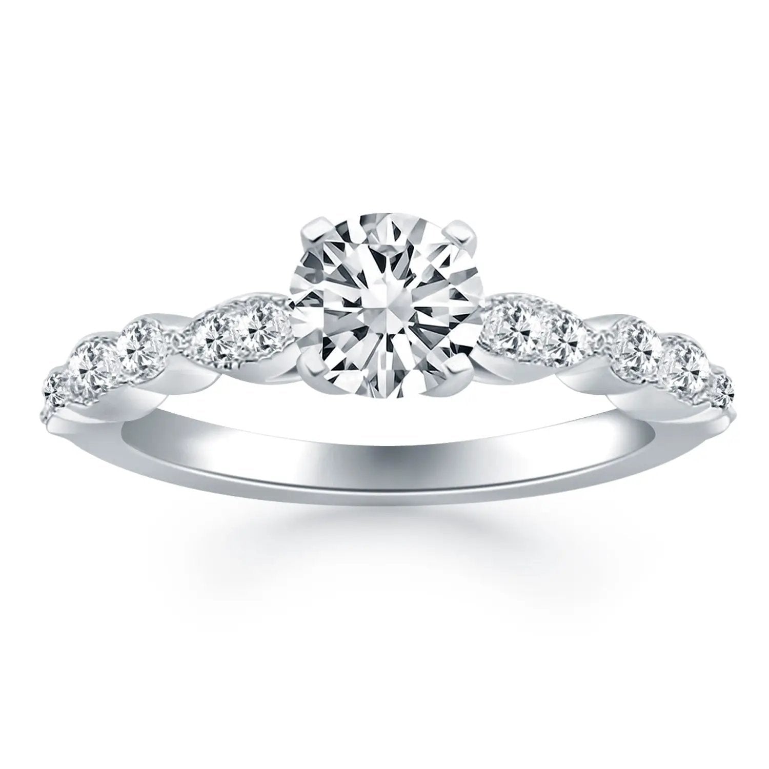 Engagement ring in 14k white gold with round center diamond and pavé diamonds on a twisted band on Tampa Home & Garden Store