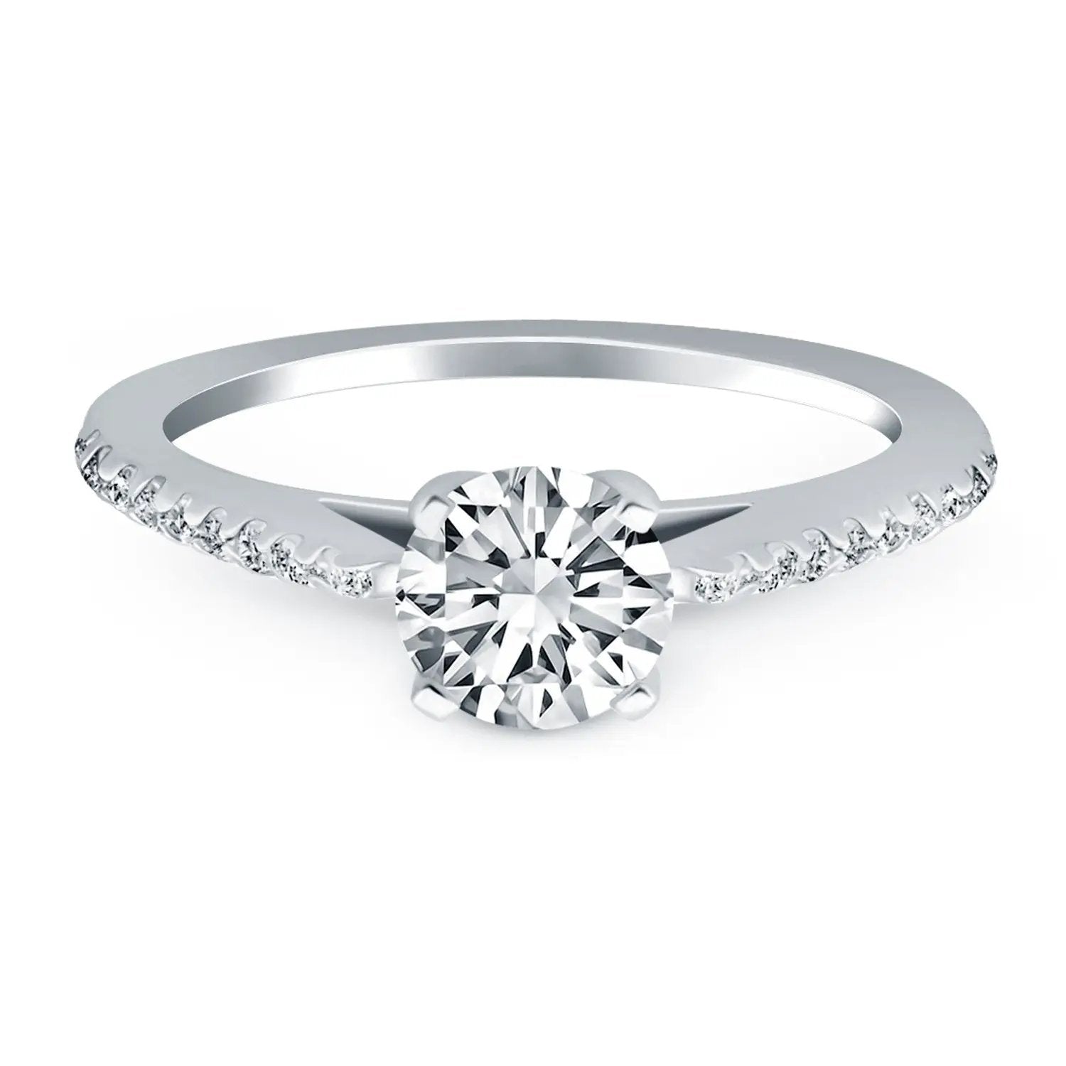 14k White Gold Micro Prong Diamond Cathedral Engagement Ring with round diamond and pave band on Tampa Home & Garden Store