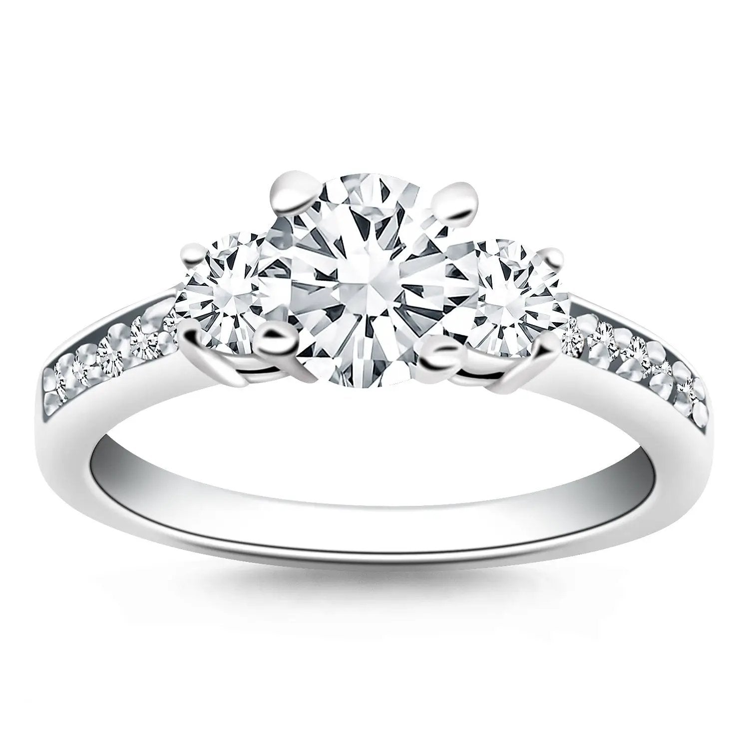 14k white gold three-stone engagement ring with central diamond and pavé band diamonds on Tampa Home & Garden Store