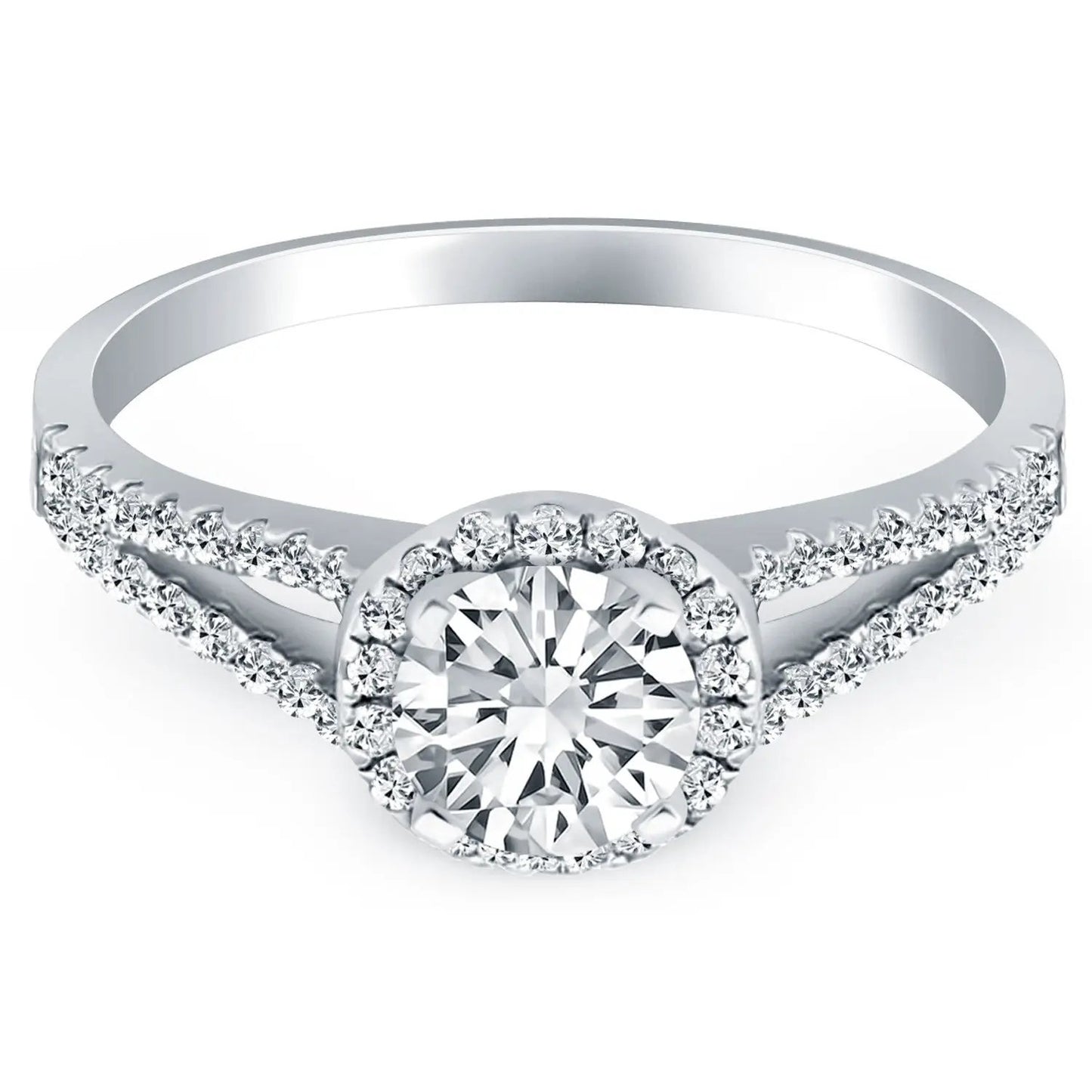 14k white gold engagement ring with round center diamond and pave halo on split shank on Tampa Home & Garden Store