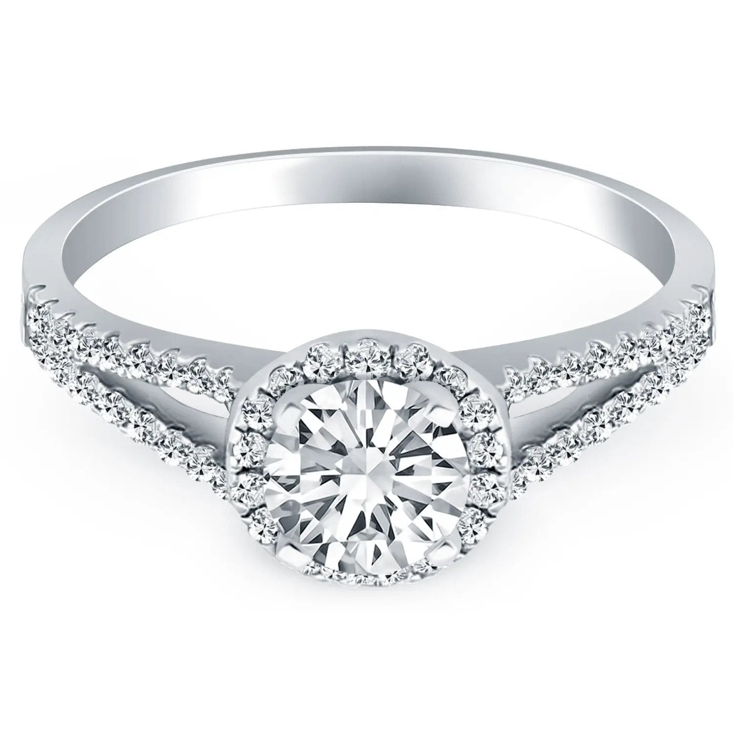 14k white gold engagement ring with round center diamond and pave halo on split shank on Tampa Home & Garden Store