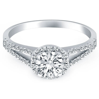 14k white gold engagement ring with round center diamond and pave halo on split shank on Tampa Home & Garden Store