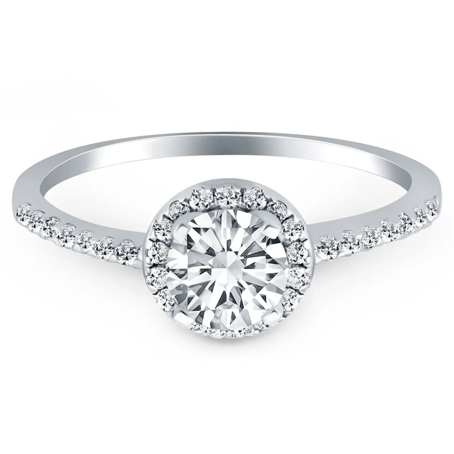 14k white gold halo engagement ring with center round diamond and pavé halo, diamond band on Tampa Home & Garden Store