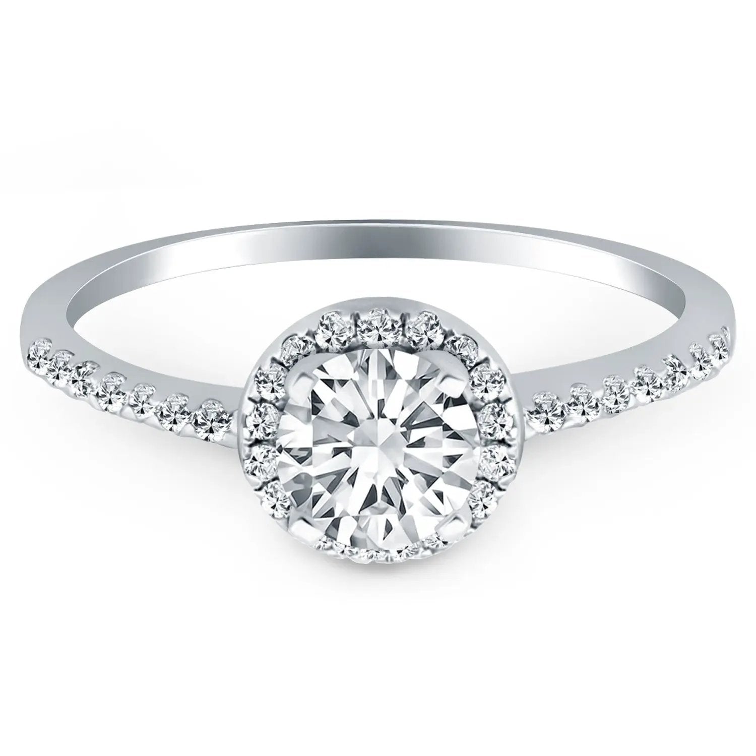 14k white gold halo engagement ring with center round diamond and pavé halo, diamond band on Tampa Home & Garden Store
