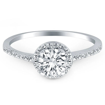 14k white gold halo engagement ring with center round diamond and pavé halo, diamond band on Tampa Home & Garden Store