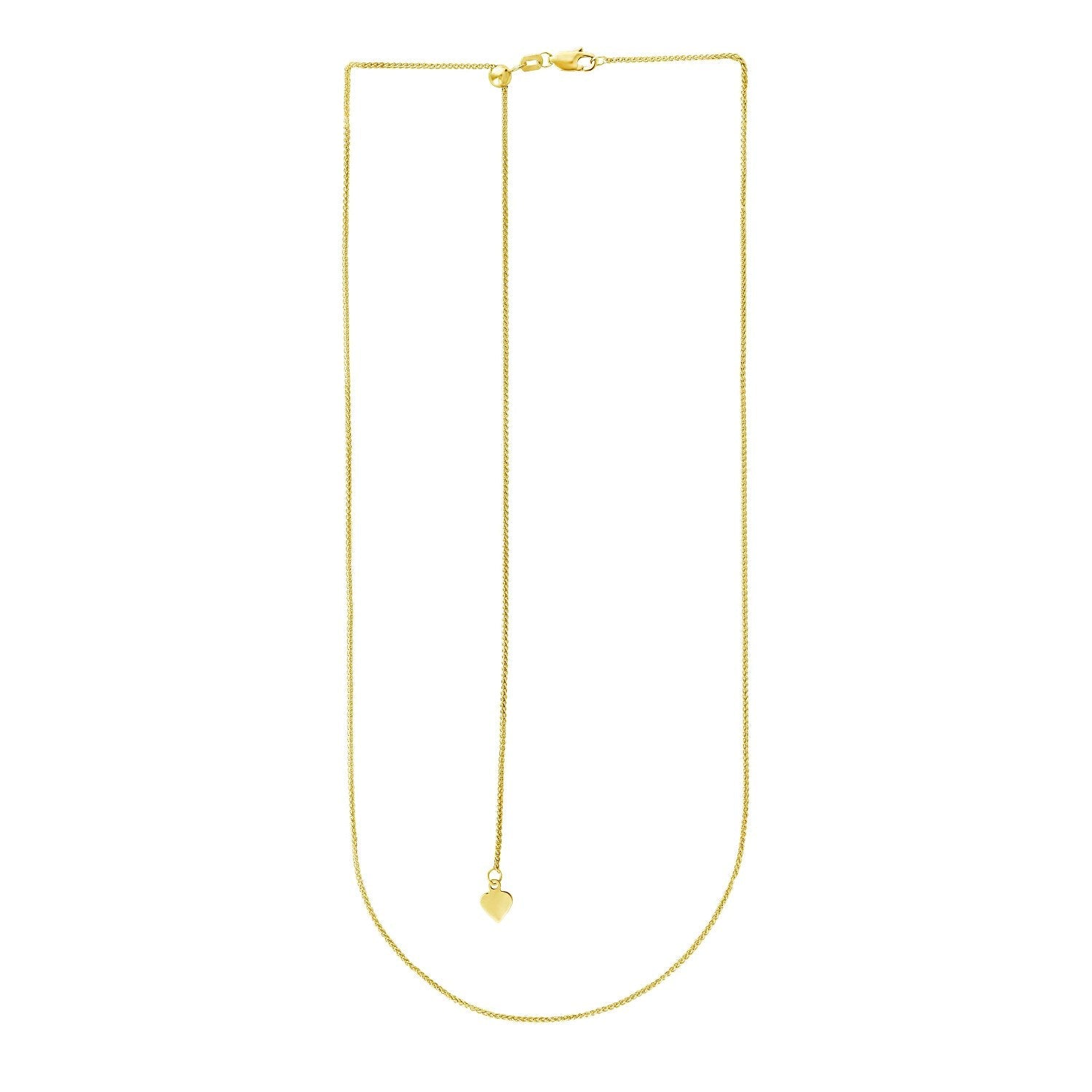 Necklace 14k yellow gold adjustable wheat chain with heart pendant, 1.0mm width on Tampa Home & Garden Store
