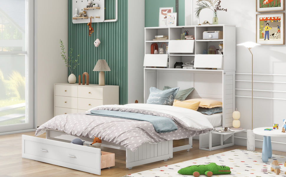 ueen Size Murphy Bed with Bookcase, Bedside Shelves and a Big Drawer, White - Tampa Home & Garden Store