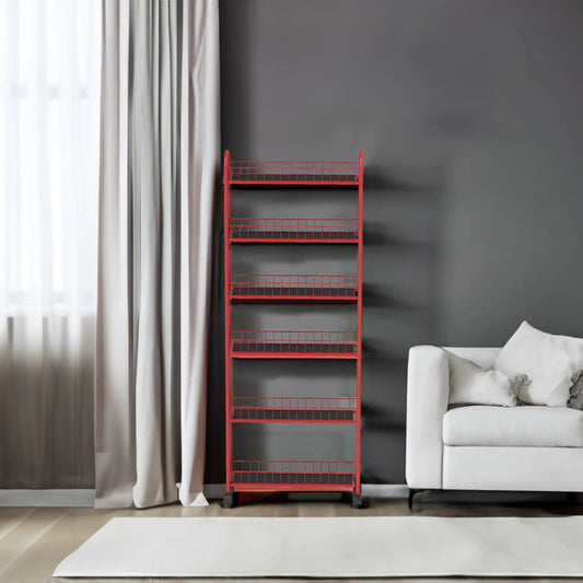Red six-tier rolling storage cart with slim wire grid shelves on casters on Tampa Home & Garden Store