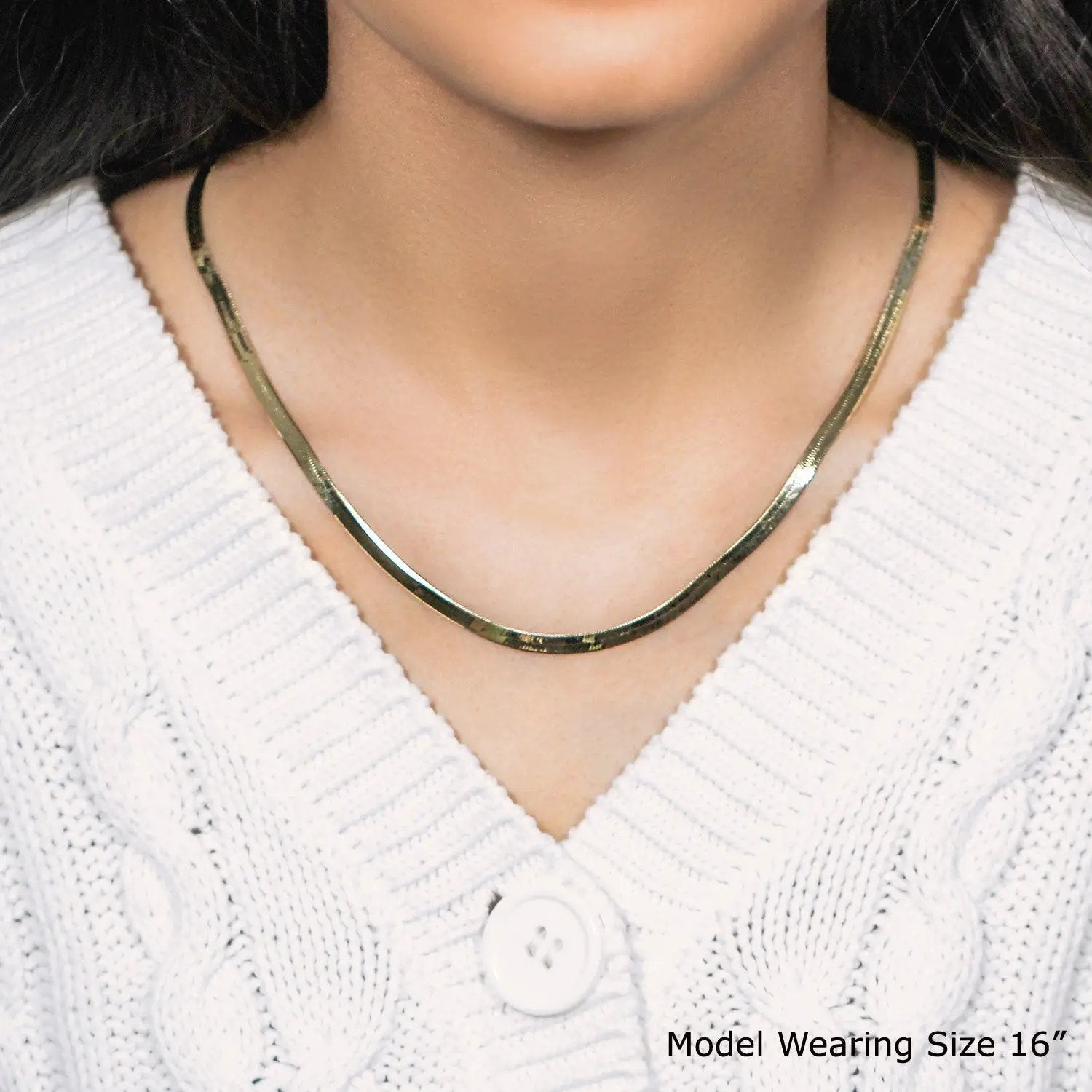 4.0mm 14k yellow gold Super Flex herringbone necklace, 16-inch worn by model on Tampa Home & Garden Store