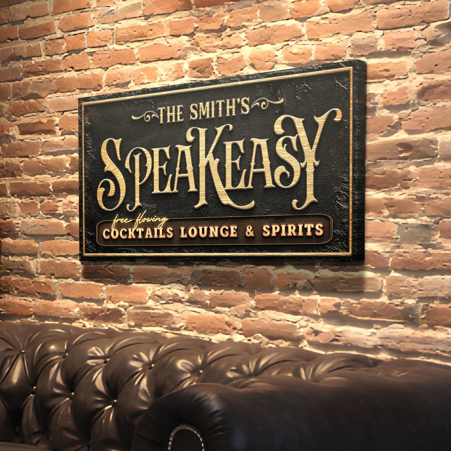 Speakeasy bar sign canvas with black textured surface and gold lettering on brick wall on Tampa Home & Garden Store