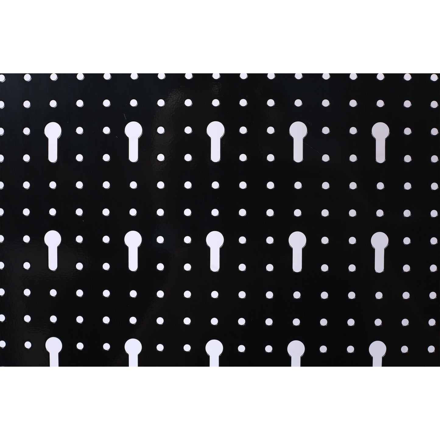 Black metal pegboard panel with white holes and keyhole slots for tool storage on Tampa Home & Garden Store