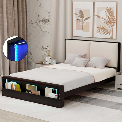 Queen Size Platform Bed Frame with Upholstery Headboard and Bookshelf in Footboard and LED Light Strips, Espresso - Tampa Home & Garden Store