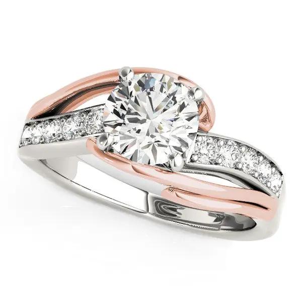 Diamond ring in white and rose 14k gold with a round center stone and pavé diamonds on bypass shank on Tampa Home & Garden Store