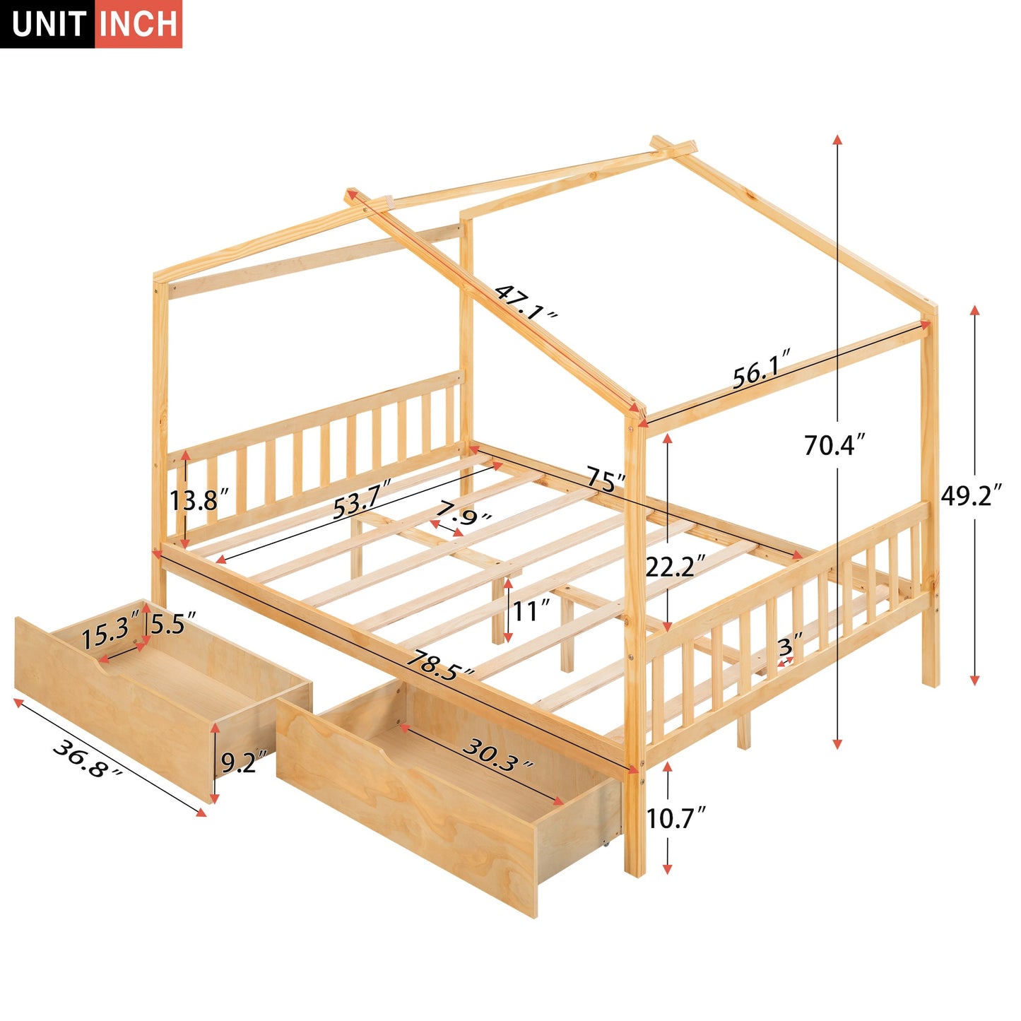 Full Size House Platform Bed with Two Drawers,Headboard and Footboard Roof Design Natural