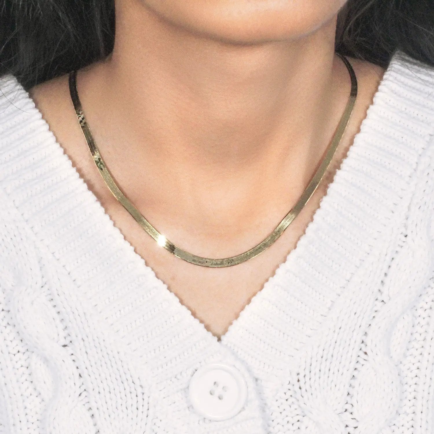 Imperial herringbone chain necklace 10k yellow gold 3.80 mm worn on neck on Tampa Home & Garden Store