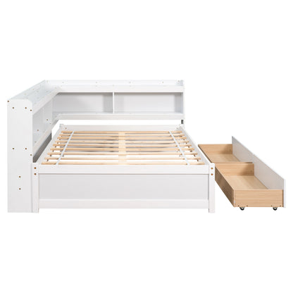 Full Bed with L-shaped Bookcases, Drawers ,White - Tampa Home & Garden Store