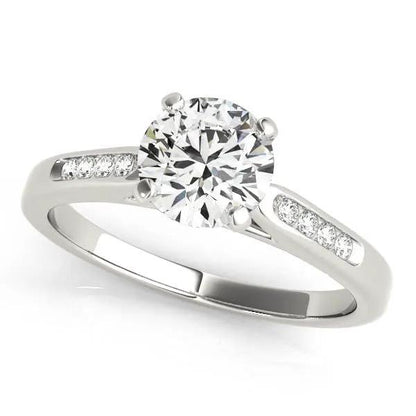 14k white gold single-row diamond engagement ring with a round center stone and pavé shoulders on Tampa Home & Garden Store