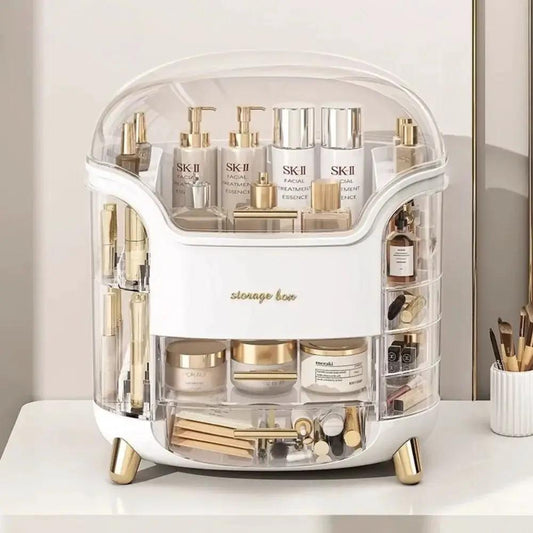 Acrylic makeup storage box with drawers in clear and white acrylic, gold hardware, cosmetics on Tampa Home & Garden Store